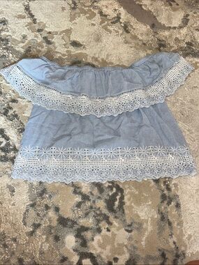 Zara Light Blue Off-Shoulder Eyelet Lace Crop Top